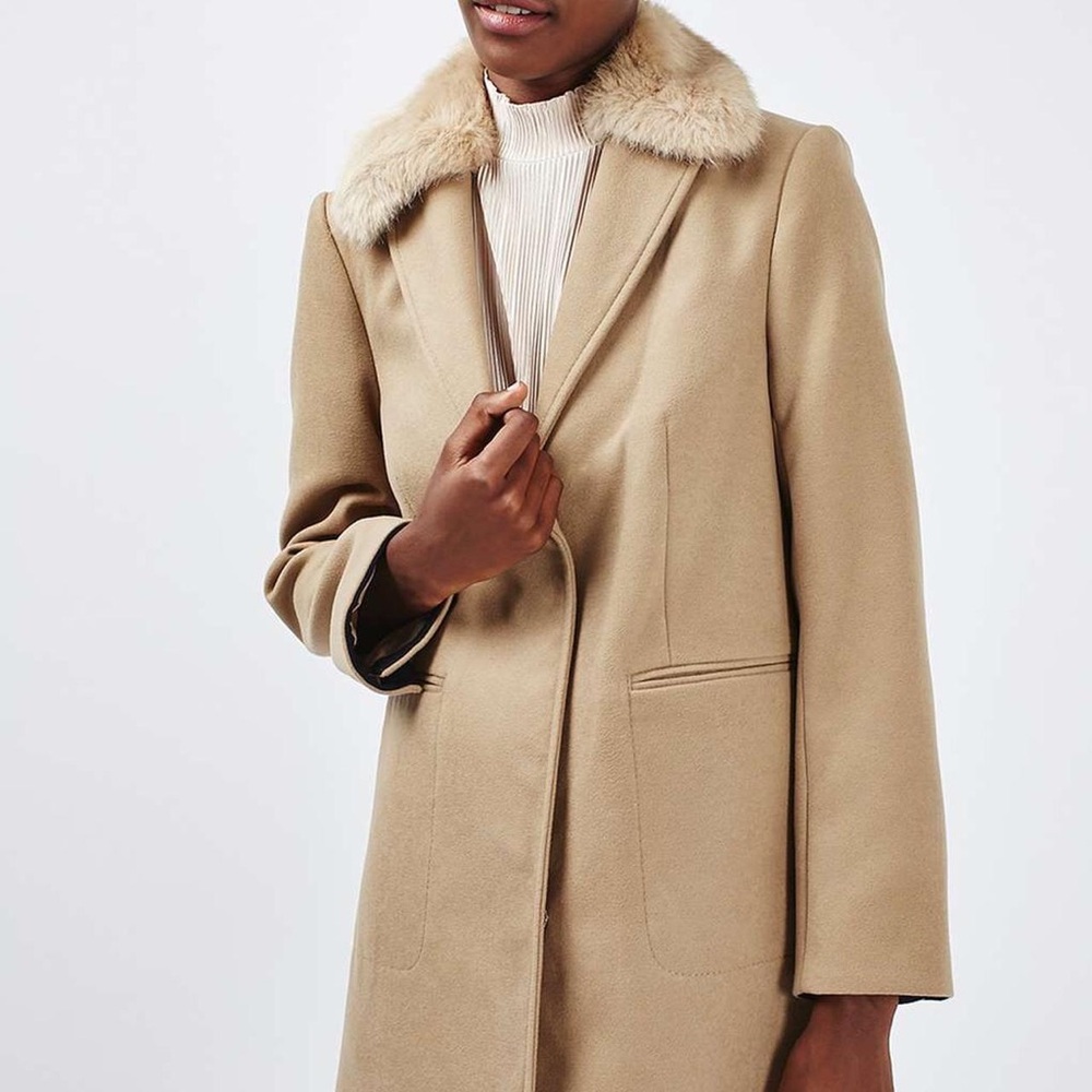 Top Shop Tan Camel Women's Coat with Faux Fur Collar